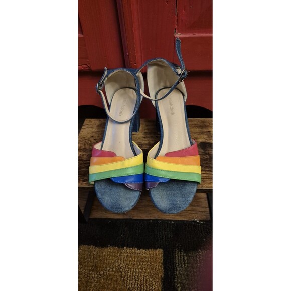 Modcloth Size 5 Euro 38 Limitless Radiance Rainbow & Denim Ankle Strap Heels EUC - Picture 3 of 5